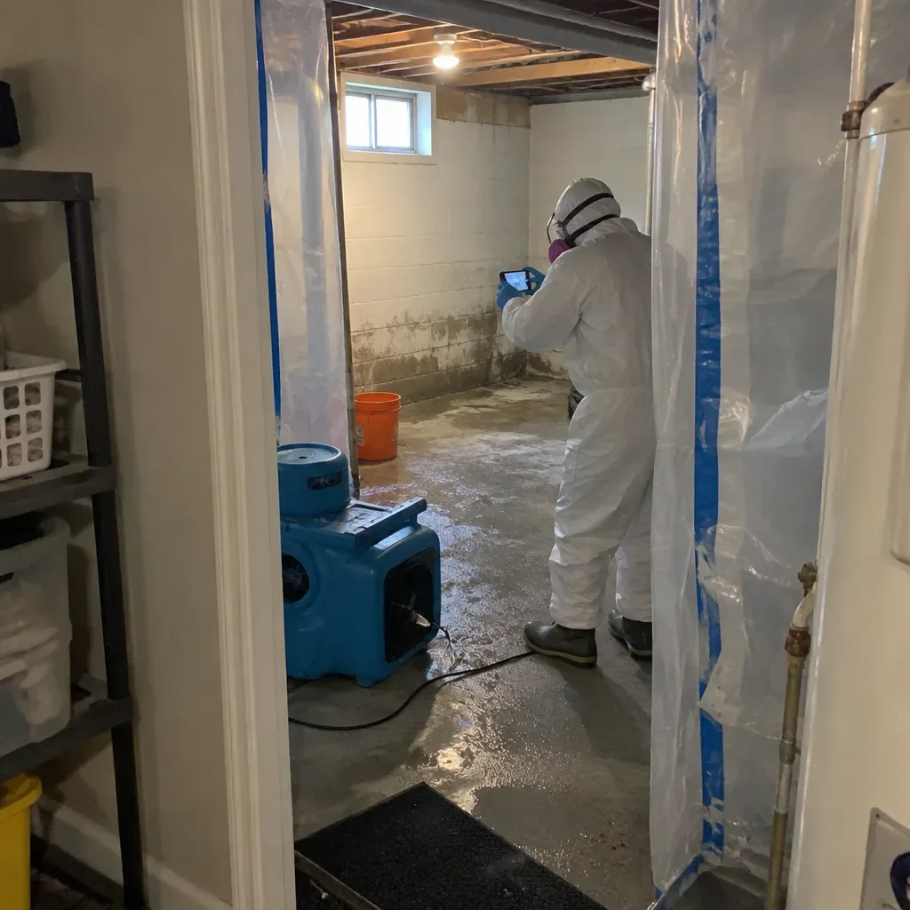 A sewer backup and cleanup in Longmont being checked over